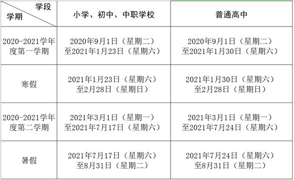 2021年包头中小学第一学期校历