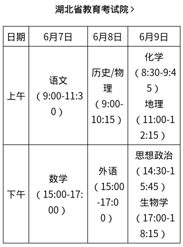 湖北2021高考时间及具体安排