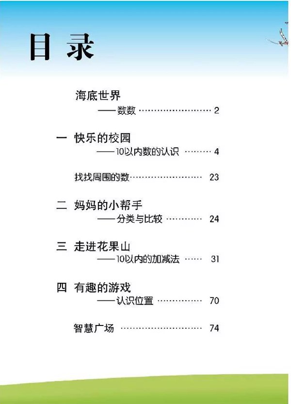 青岛版小学一年级上册数学课本目录,青岛版数学一年级上册目录