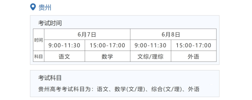 2022年贵州高考时间安排,贵州高考时间2022具体时间表