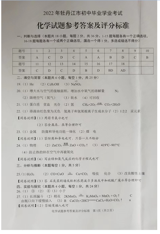 2023年牡丹江市中考化学试卷真题及答案