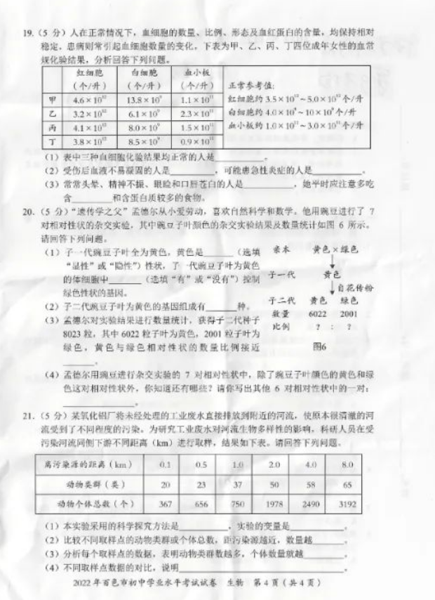 2023年百色市中考生物试卷真题及答案