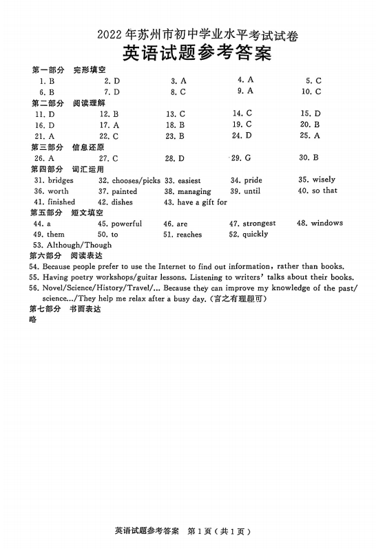 2023年苏州市中考英语试卷真题及答案