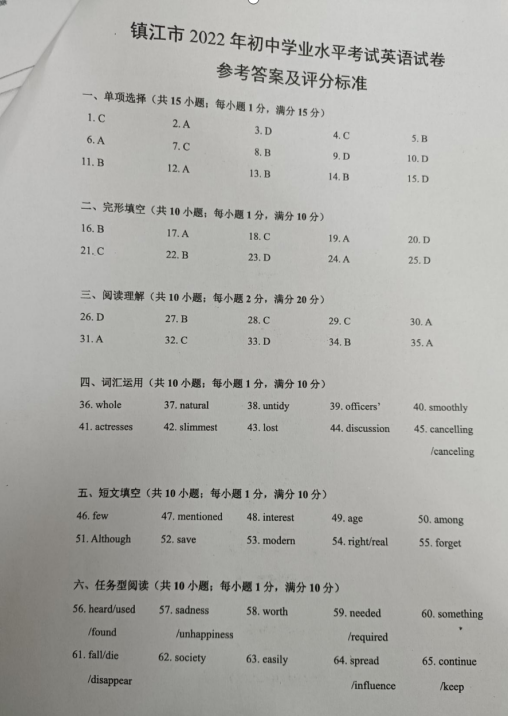 2023年镇江市中考英语试卷真题及答案