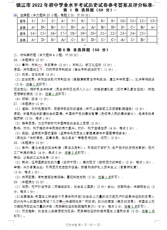 2023年镇江市中考历史试卷真题及答案