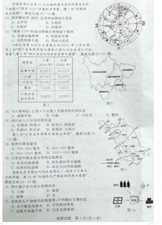 2023年泰州市中考地理试卷真题及答案