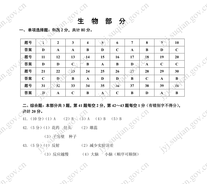 2023年宿迁市中考生物试卷真题及答案