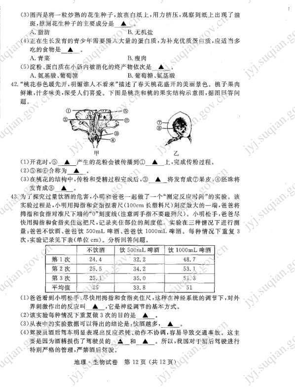 2023年宿迁市中考生物试卷真题及答案