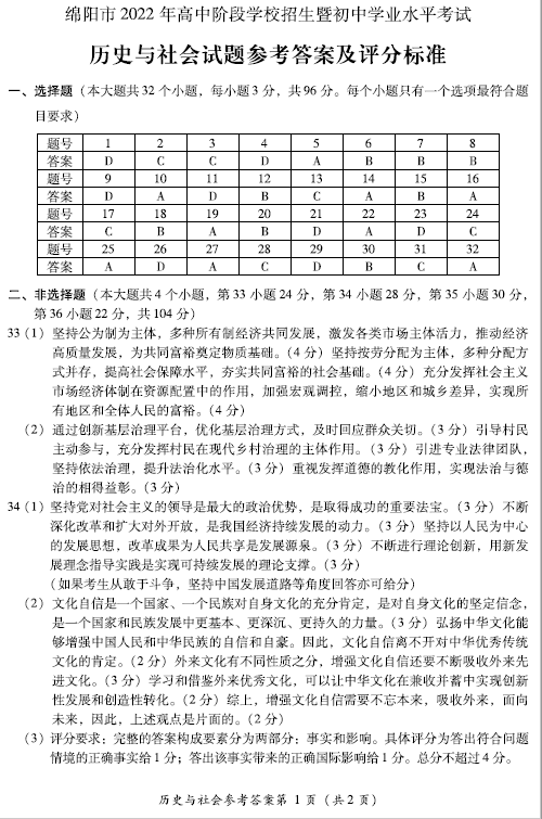 2023年绵阳市中考历史试卷真题及答案