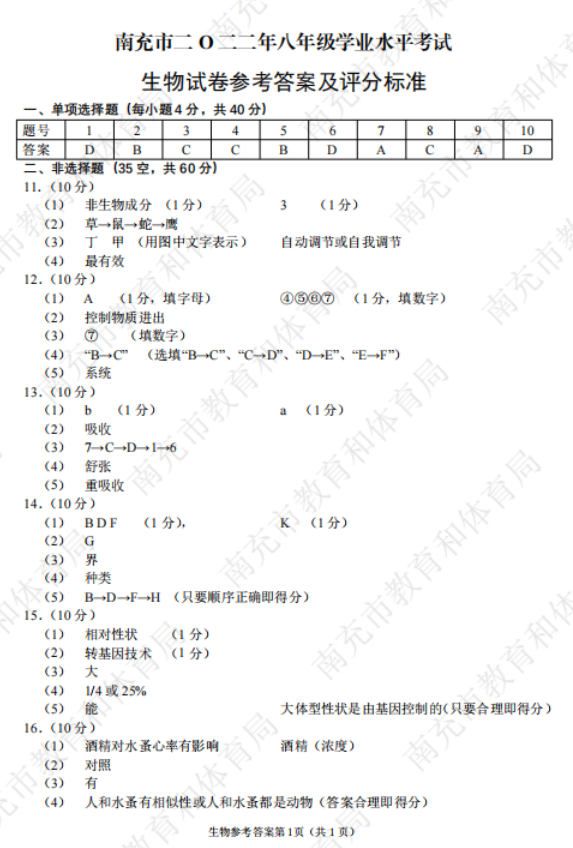 2023年南充市中考生物试卷真题及答案