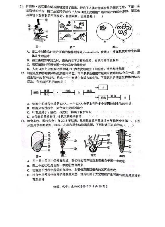 2023年达州市中考生物真题及答案