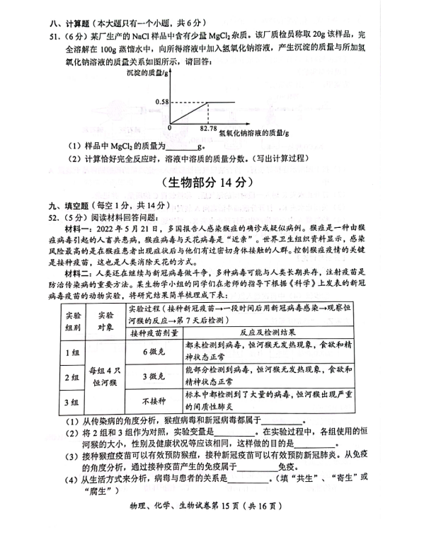 2023年达州市中考生物真题及答案