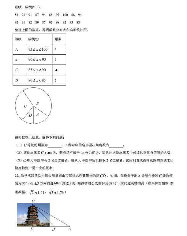 2023年眉山市中考数学真题及答案