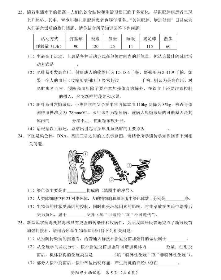 2023年资阳市中考生物真题及答案