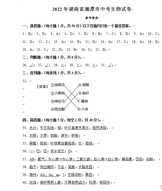 2023年湘潭市中考生物试卷真题及答案