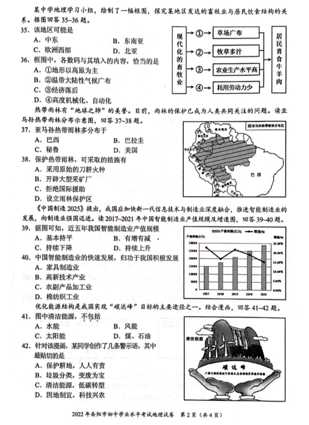 2023年岳阳市中考地理试卷真题及答案