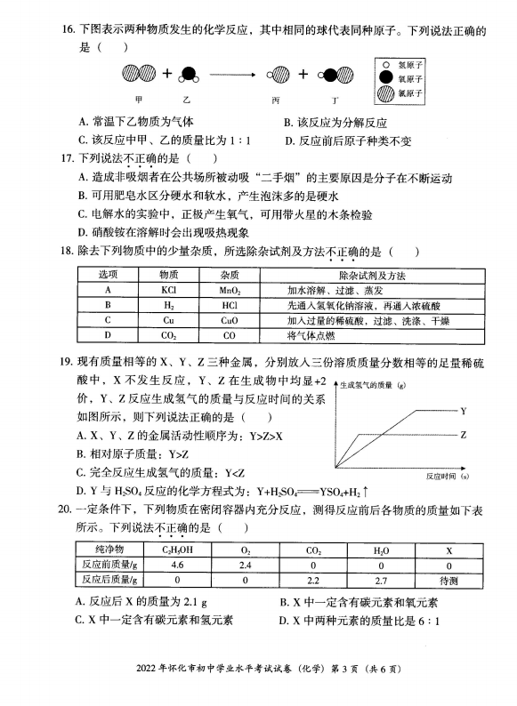 2023年怀化市中考化学试卷真题及答案