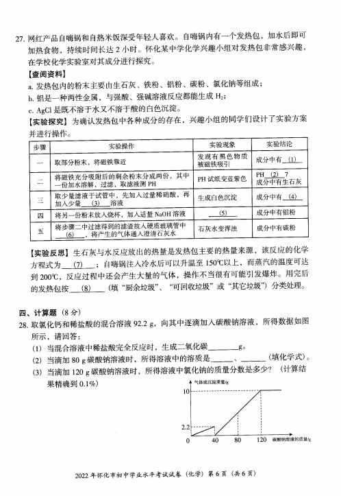 2023年怀化市中考化学试卷真题及答案