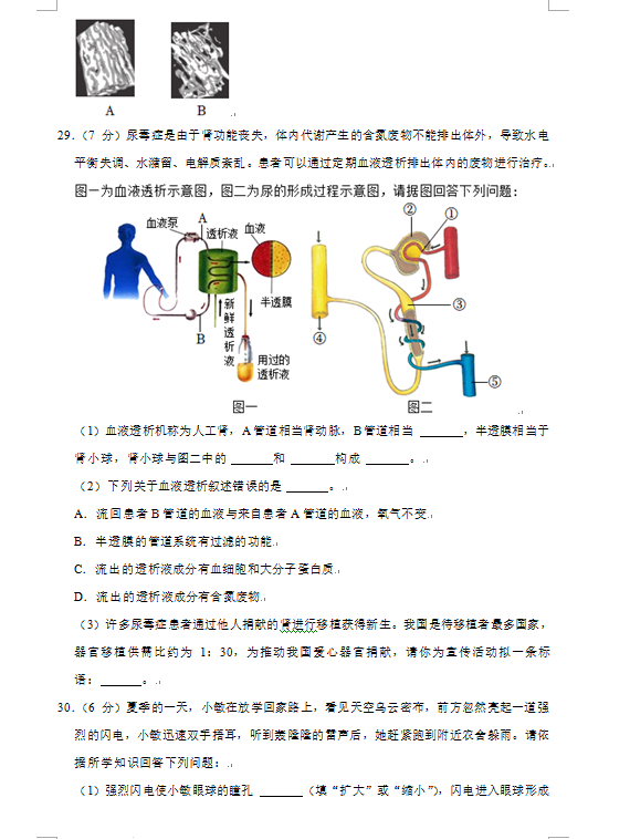 2023年益阳市中考生物试卷真题及答案