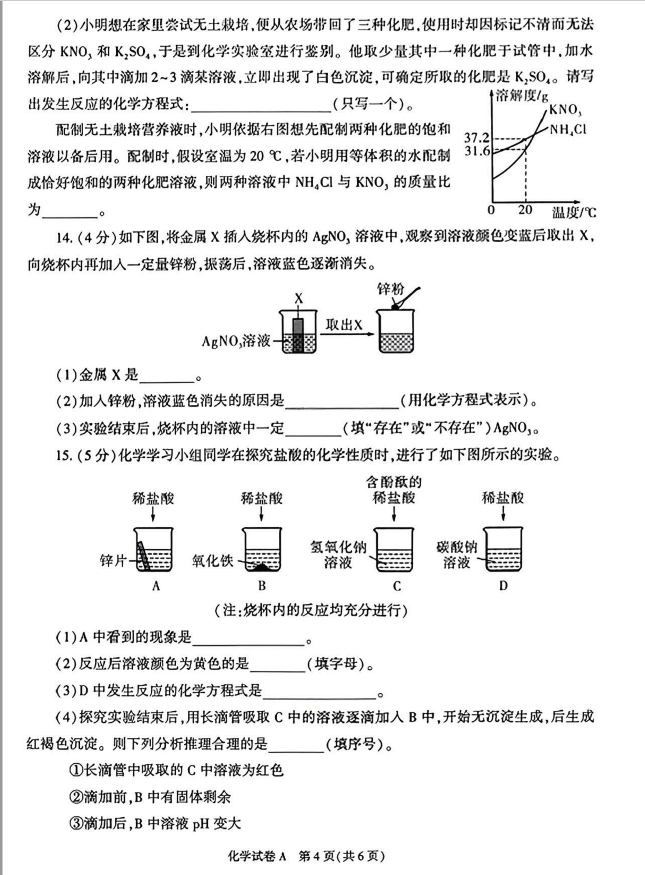 2023年汉中中考化学试卷真题及答案