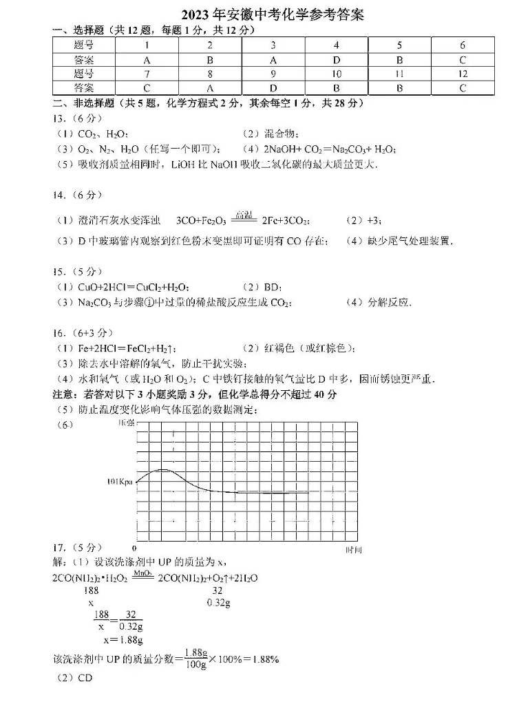 2023年阜阳中考化学试卷真题及答案