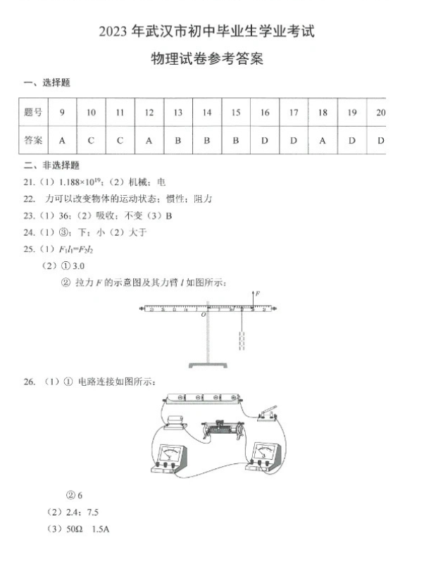 2023年武汉中考物理试卷真题及答案