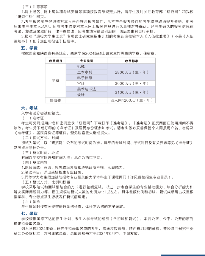 2024年西京学院研究生招生简章及各专业招生计划人数