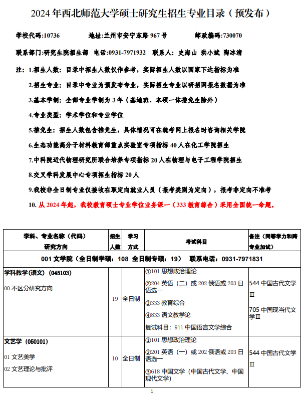 2024年西北师范大学研究生招生简章及各专业招生计划人数