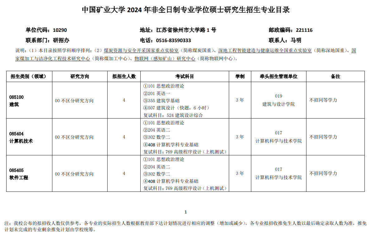 2024年中国矿业大学研究生招生简章及各专业招生计划人数