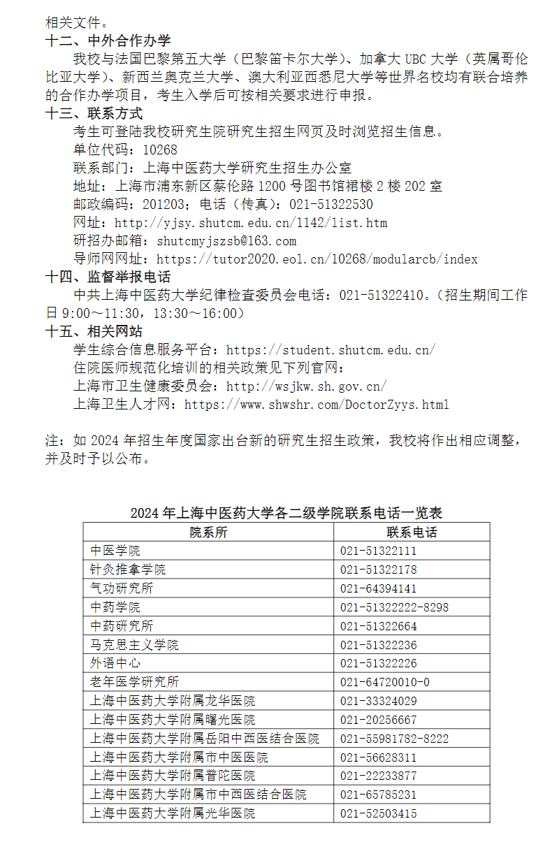 2024年上海中医药大学研究生招生简章及各专业招生计划人数