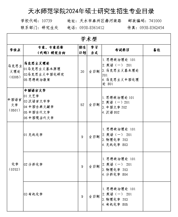 2024年天水师范学院研究生招生简章及各专业招生计划人数