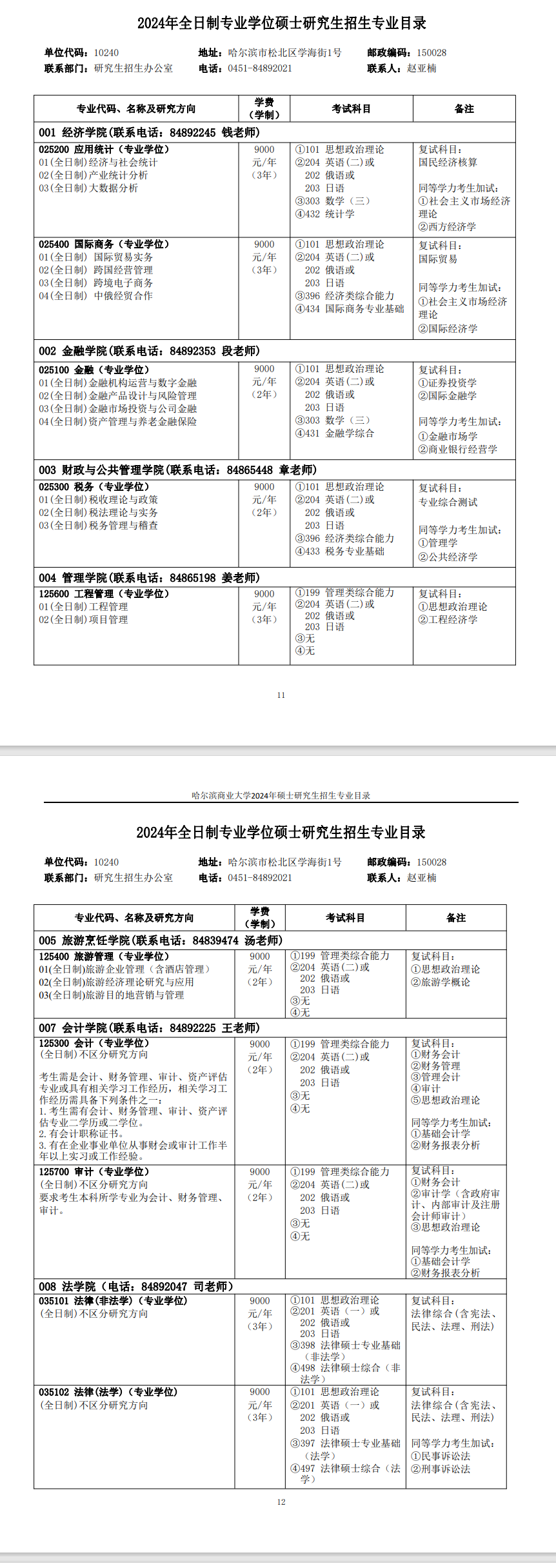 哈尔滨商业大学2024硕士研究生招生专业目录及考试科目