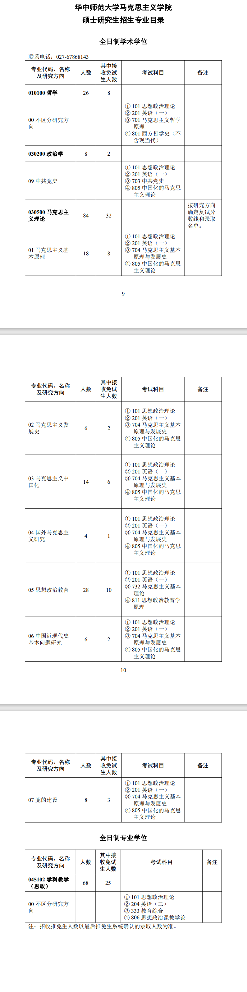 华中师范大学2024硕士研究生招生专业目录及考试科目