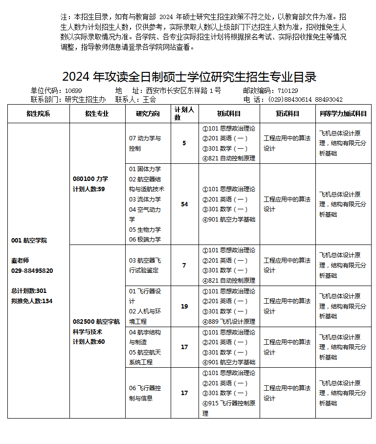 2024年西北工业大学研究生招生简章及各专业招生计划人数