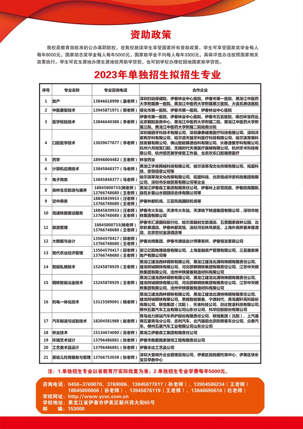 伊春职业学院单招专业一览表