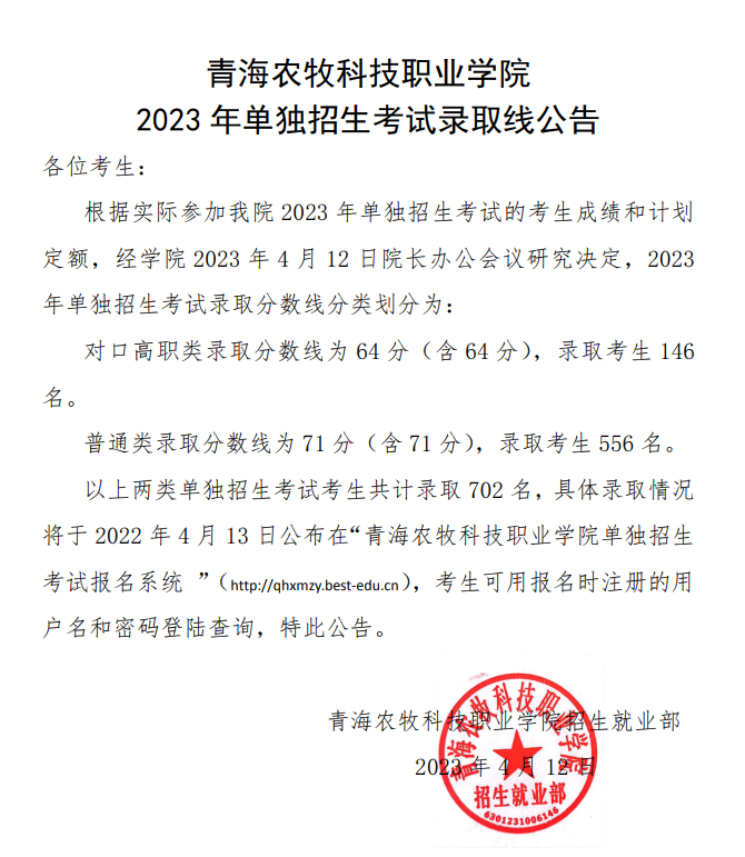 2024年青海农牧科技职业学院单招录取分数线