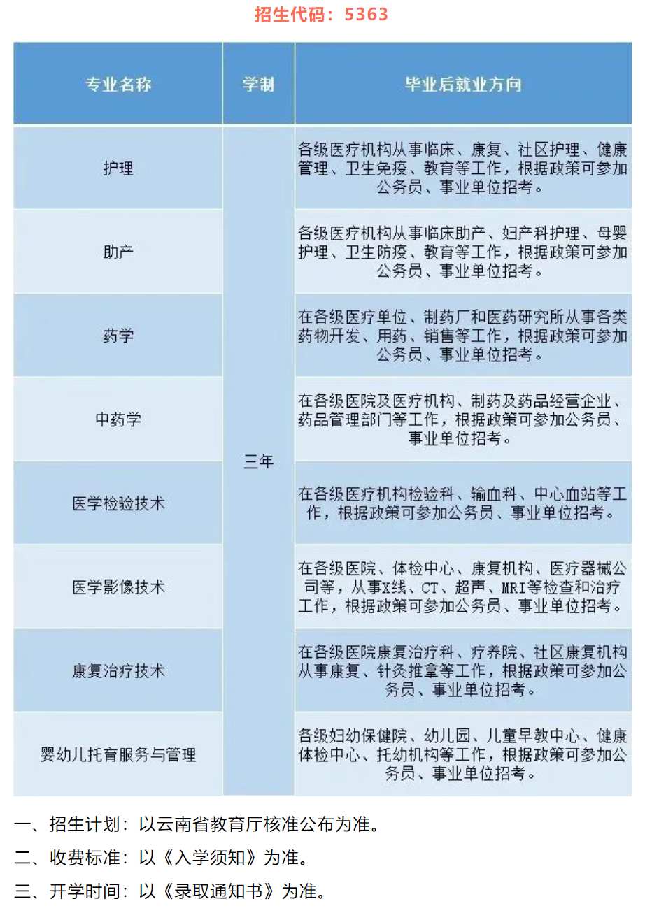 昆明卫生职业学院单招专业一览表