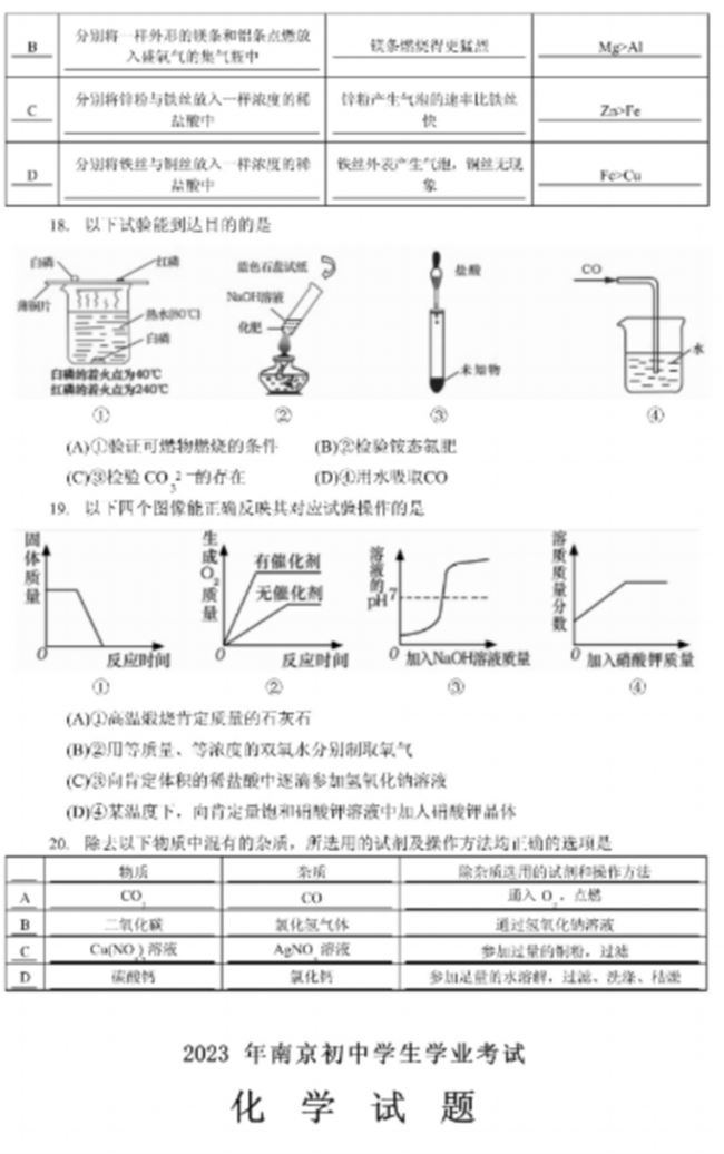 2024年南京中考化学试卷真题及答案解析