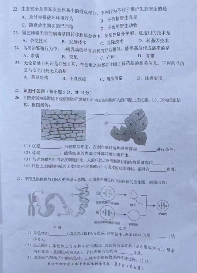 2024年长沙中考生物试卷真题及答案解析