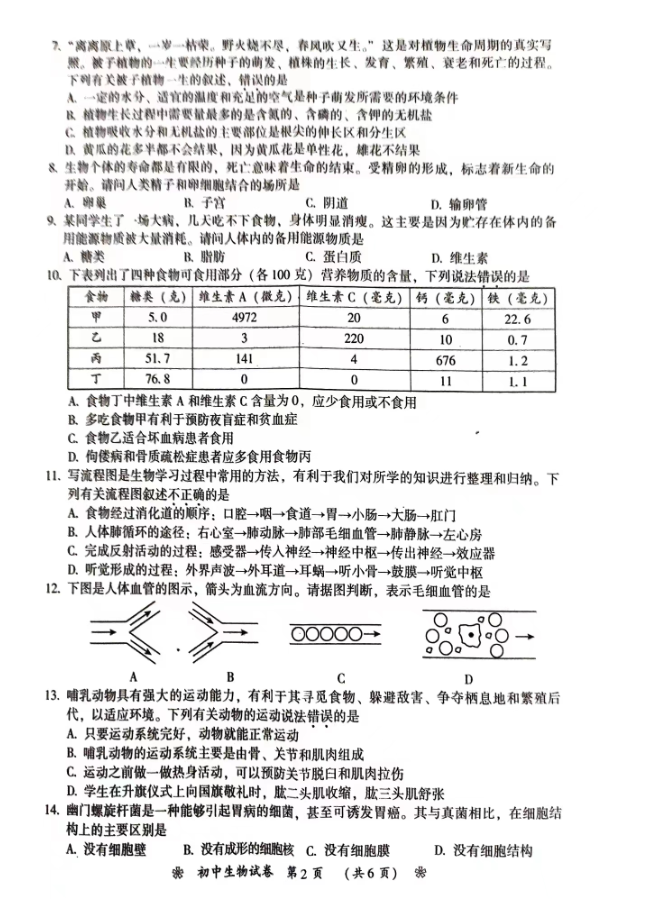 2024年衡阳中考生物试卷真题及答案解析