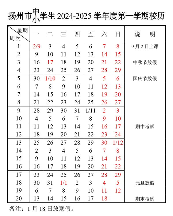 2025年扬州中小学寒假放假时间表,扬州寒假多少天?