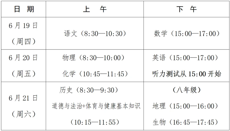 2025年福州中考时间几月几号,各科目具体时间安排表